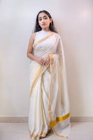 Women Saree White Golden Color