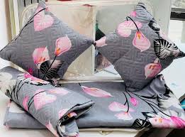 Soft Glace Cotton 1 Double Bedsheet 2 Quilted Pillow Covers 2 Quilted Cushions With Filling 5Pcs Set Design 1