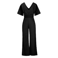 Jumpsuits Black For Women Dressy Deep V Neck Flare Sleeve High Waist Elegant Formal Wide Leg Long Pants Romper With Pockets Size Xxl