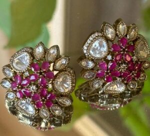 Victorian Bloom Stud Earrings With Back Clip Color Multi