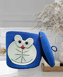 Blue Handwoven Premium Doraemon Laundry Storage Basket With Lid