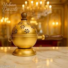 Golden Brass Loban Burner With Wooden Handle