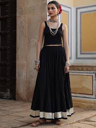 Ananya Women Cotton Flared Maxi Skirt Black Size M