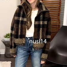 Zara New Woman Checked Knit Bomber Jacket Brown Size L