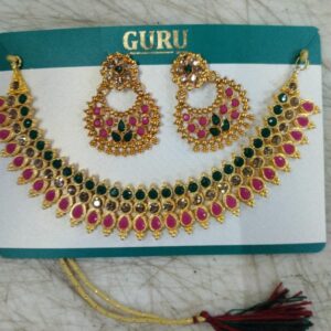 Gold Plated Crystal Studded Pearl Necklace Earrings Set