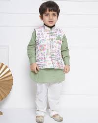 Aj Dezines Boys Kurta Pajama Waistcoat Green Size 7 To 8 Y