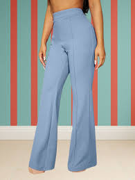 Women Loose Fit Light Blue Cotton Blend Trousers Size L