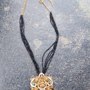 Gold Plated Matt Ashtalakshmi Locket Five Lines Black Beads Chain