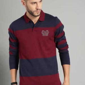 Roadster Men Maroon Navy Blue Striped Polo Collar Pure Cotton T Shirt Size M