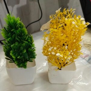 Blue And Yellow Printed Colour Artificial Flower With White Pot Pack Of 2