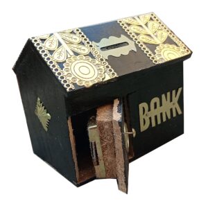 Wooden Hut Shaped Black Money Bank Piggy Bank Gullak