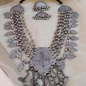 Oxidised Afghan Black Polish Multi Layered Necklace Set For Women With Earrings