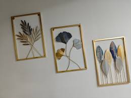 Decorative Gold Framed Metal Leaf Wall Art Set Of 3