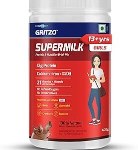 Gritzo Supermilk Overall Growth 13Y Girls 12G Protein Powder Double Chocolate 400G