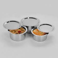 Stainless Steel 3 Pieces Silver Flat Bottom Container Set Of 3