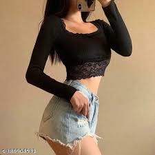 Black Color Full Sleeves Crop Top For Women Size S