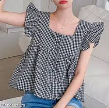 Black Classic Gingham Cotton Trendy Crop Top And Tunic Size L