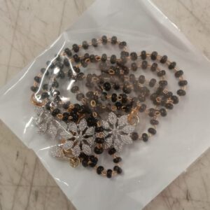 Silver Floral Design And Black Beads Mangalsutra For Women