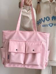 Multipocket College Style Tote Bag Light Pink