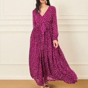 Styli Womens VNeck Long Sleeves Floral Print Maxi Dress Rani Pink colour Size XL