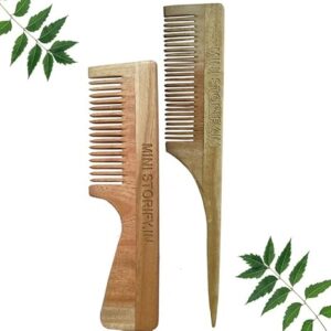Private Lable Pack of 2 Neem Tail Comb Wooden Comb for women hair growth