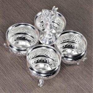 Private Lable German Silver 4 Cup Haldi Kumkum Bowl Panchwala Cup with Peacock Handle 650GM for Pooja Thali