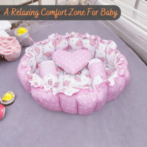 Private Lable Baby White pink Printed Round Sleeping Bed With 4 pillows
