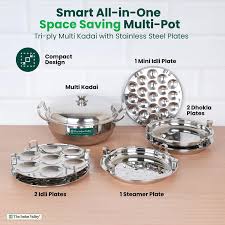 The Indus Valley 14 Pit TriSteel Multi Pot 42L Premium Stainless Steel Idli Dhokla Momo Maker 5 Plates