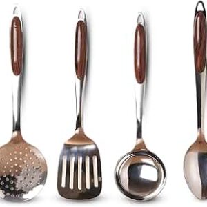 The Indus Valley Set with Heat Resistant Wooden Handle and Hook Set of 4 PCS Kitchen Tool Set Silver Skimmer Spatula