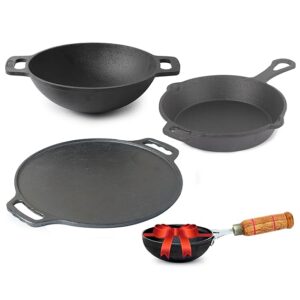 The Indus Valley Pre Seasoned Cast Iron Cookware Set Free Tadka Pan Tawa 30 5 Cm Kadai Black colour
