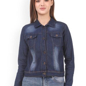 KASHIAN Women Spread Collar Solid Casual Denim Jacket blue colour