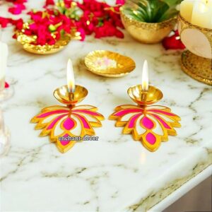 Private Lable Brass Rangoli Deepak with Alumnium Lotus pack of 2 pink and gold colour