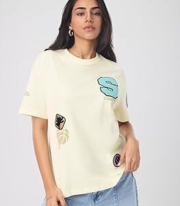 The Souled Store Lilo Stitch Weird Women and Girls Short Sleeves Round Neck Graphic Printed Cotton Premium Heavy Gauge Streetwear Casual Oversized TShirt weired color size M