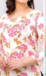 Private Lable Floral Printed Short Kurti for Women pink white color size M
