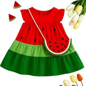 Private Lable Baby Girls Watermelon Summer Dress Pure Cotton Tricolour Block Design with Matching Purse size 6 to 7 yrs