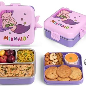 Kids Mermaid Theme Stainless Steel Bento Lunch Box for School 3Compartment 1100ML Lavender