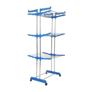 Private Lable TNC Cloth Drying Rack Stand Blue 2 Pole 3Tier Laundry Rack with Foldable Wings