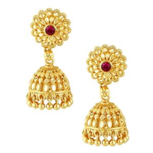Private Lable Traditional Temple Jewellery 18k One Gram Gold Ethnic Brass Stylish South Indian Screw Back Studs Round Ruby Jhumkas Set