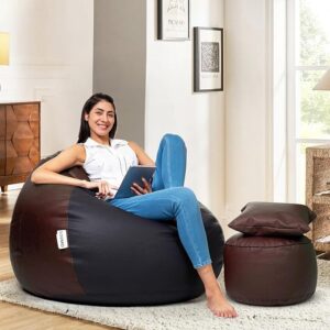 Amazon Brand Solimo Premium Faux Leather Bean Bag Combo with Footrest Cushion Combo Filled with Beans size XXL black and brown colour