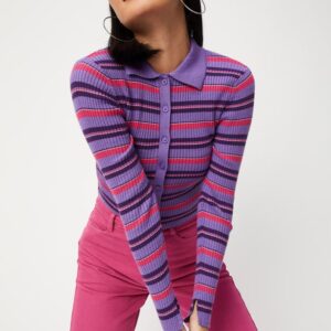 Max Women Striped Collared Knit Top xs size purple and pink