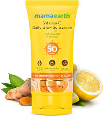 Mamaearth Vitamin C Daily Glow Sunscreen with Vitamin C Turmeric For Sun Protection Tan Protection Glow SPF 50 PA Protection No White Cast Lightweight Non Sticky Brightens Skin For All Skin Types 50 g