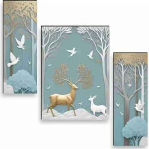 Private Lable 3Piece Wall Art Set Modern Winter Woodland Scene with Gold Deer and White Doves