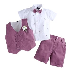 Jo And BO Boys Short Sleeves White 3Pc Scattered Motif Cotton Short Set Pink And White Size S
