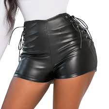 Newme Women Solid Pu Mini Shorts black colour size L