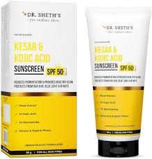 Dr Sheths Kesar Kojic Acid Sunscreen SPF 50 Pa InVivo Tested For PigmentationFree Skin Lightweight Non Greasy For UVAUVB Blue Light IR Protection No White Cast For All Skin Types For Men Women 30 g