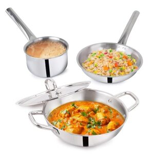 The Indus Valley Triply Stainless Steel Cookware Set Kadai 24 cm3 L Fry Pan 22 cm14L Sauce Pan 14cm12L
