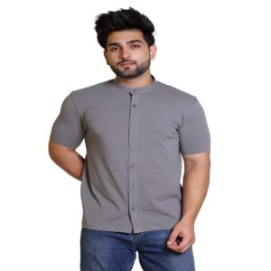 Zudio summer casual outdoor wear solid half sleeve ban neck cotton men shirt grey colour size XL