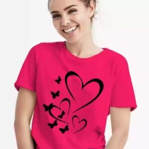 Private Label Graphic Print Women Round Neck Pink TShirt Size M