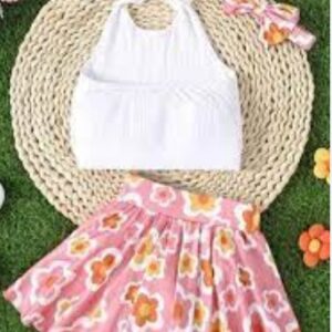 2 Pc Halter Neck Blouse Floral Skirt pink 3 to 4 y