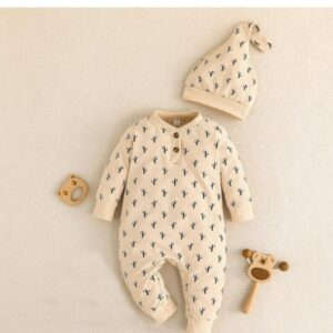 Infant Boys Girls Clothes Set Newborn Baby Romper Hat Ribbed Knit Long Sleeve Button Floral Bodysuit Beige 0 to 3 Months